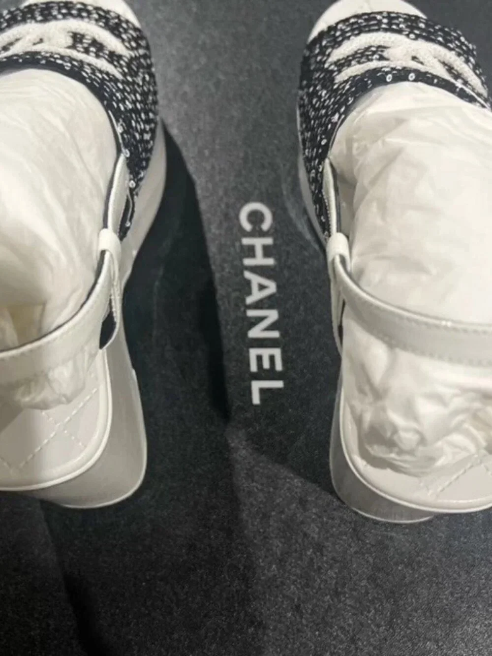 Chanel Tweed Logo Strap Wedge Heel Sandals,